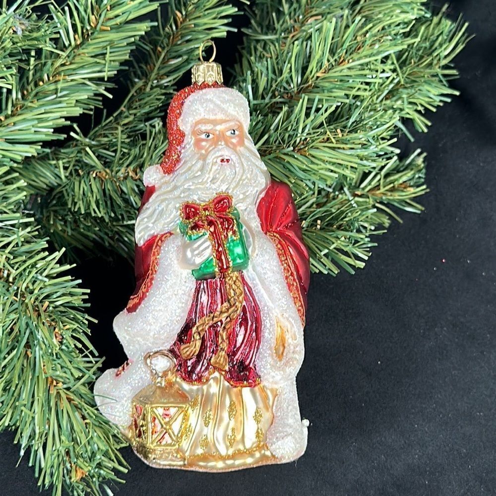 IMPULS Poland Mouth Blown Hand Painted Santa Glass Christmas Ornament in Box